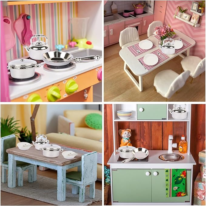 26 Pieces Dollhouse Miniatures Kitchen Set Metal Miniature Baking Set Include Mini Pots Mini Pans Plates Knife Fork Spoon for Dollhouse Party Decoration Supplies