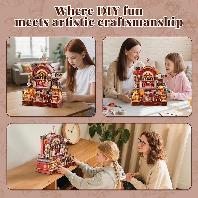 DIY 3D Wooden Puzzles for Adults,Dessert Atelier Electrically Powered – Movable Dessert & Coffee Lines Dollhouse Kit with LED Arts and Crafts for Home Decor Creative Gift for Boys Girls