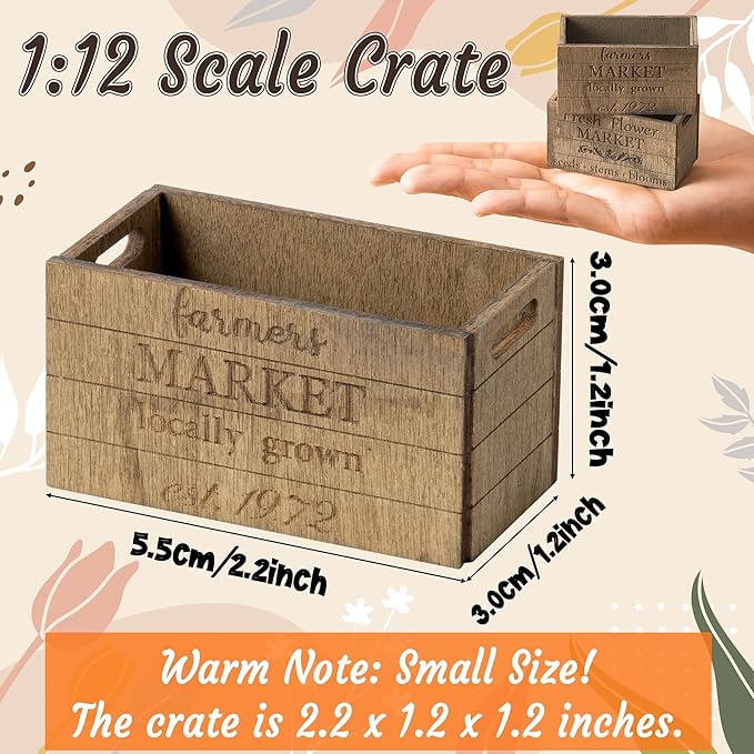 2.2 x 1.2 x 1.2 Inch Miniature Vintage Rustic Farmhouse Crate - 1:12 Scale Mini Farmhouse Micro Scene Decor Wooden Crate Basket Tiered Tray Decor for Fairy Garden Shelf Displays Accessories