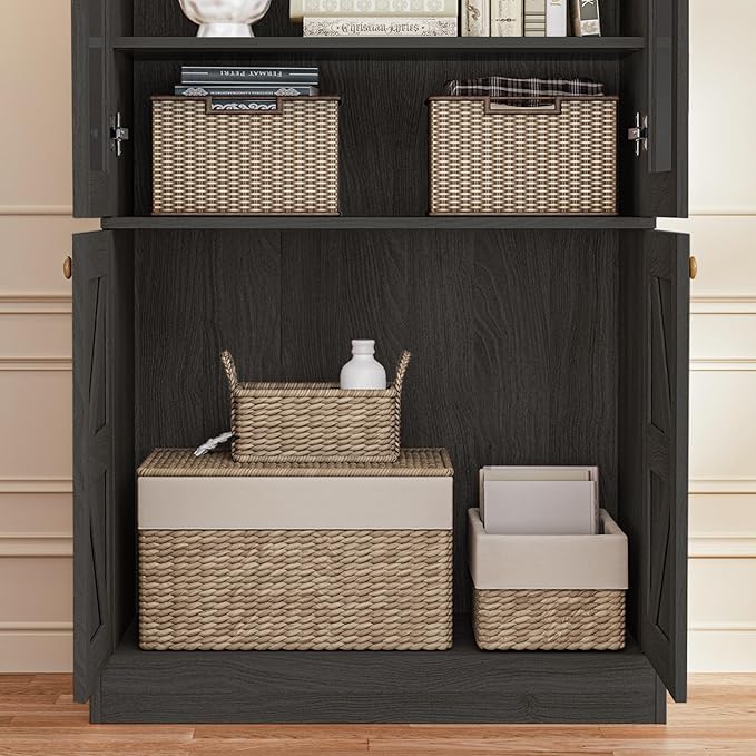 71" Tall Farmhouse Kitchen Pantry, Rustic Large Storage Cabinet with Glass Doors, Adjustable Shelves, Wood Versatile Hutch Cabinet for Dining Room, Living Room, Black 2 Pcs