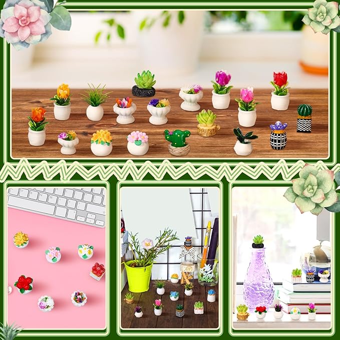 Threehoney 30 Pcs Miniature Dollhouse Plants Accessories Mini Artificial Potted Flower Tiny Resin Greenery Cactus Figurines for Doll House Gift DIY Garden Bonsai Micro Landscape Decoration(Plants)