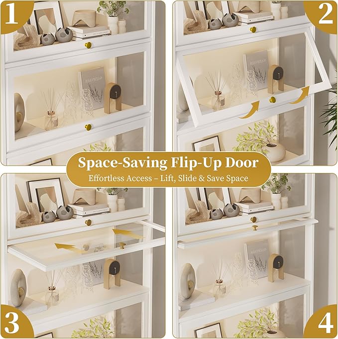 Display Cabinet with Acrylic Glass Doors,4-Tiers Curio Cabinet with LED Lighting for Collectibles, Collectibles Toy Organizers Rack & Display Shelf Display Case Storage Cabinet, Antique White