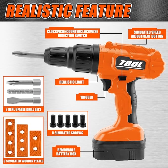 PANPAPA Kids Power Drill and Screw Set,Toy Electric Drill with 3 Interchangeable Drill Bits Sound and Motion,Pretend Play Construction Kids Tool Set Outdoor Preschool Gardening Lawn Toy Gifts（Orange）