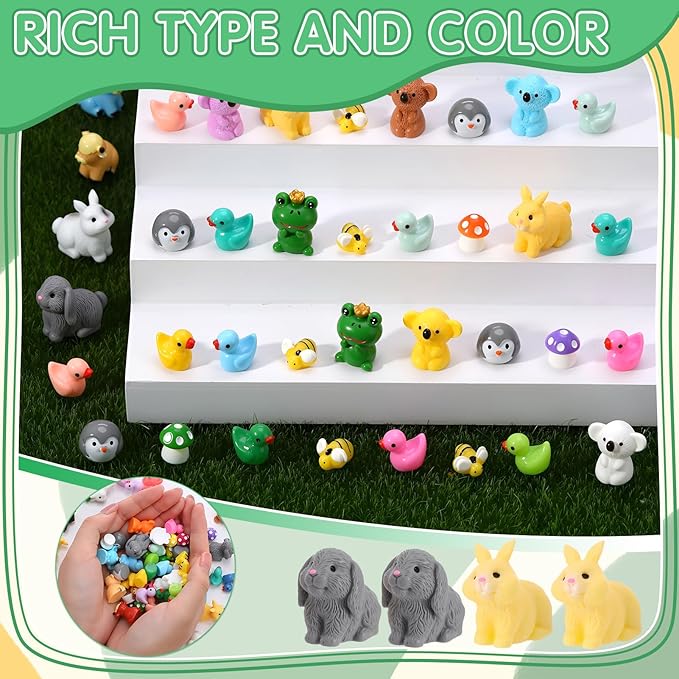 60 Pcs Mini Resin Animals with Organza Bag Card Miniature Resin Frog Rabbit Highland Cattle Koala Penguin Duck Mushroom Bee for DIY Cake Decoration Ornaments Crafts Moss Landscape