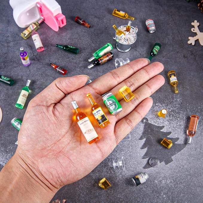 71 Pcs Miniature Ice Cubes Beer Bottles and Mini Drink Soda Pop Cans House Accessories for Fairy Garden Pub Bar Cake Decoration 1/12 Doll House Barrel Pretend Play DIY Party Toys Red Wine