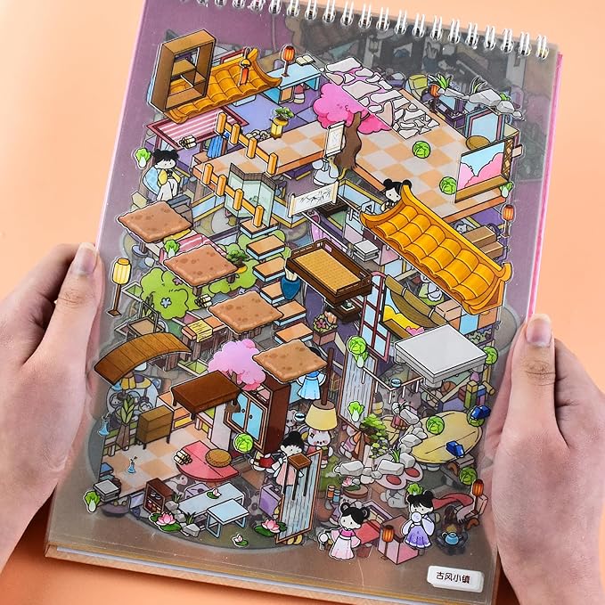 DIY Large Fun 3D Animal House Scene Stickers Book with Tweezers Make Your Own Town Bookstore Amusement Park Sticker Scenes Cute Micro Stickers for Relief Stress Pass The Time(6 Designs)