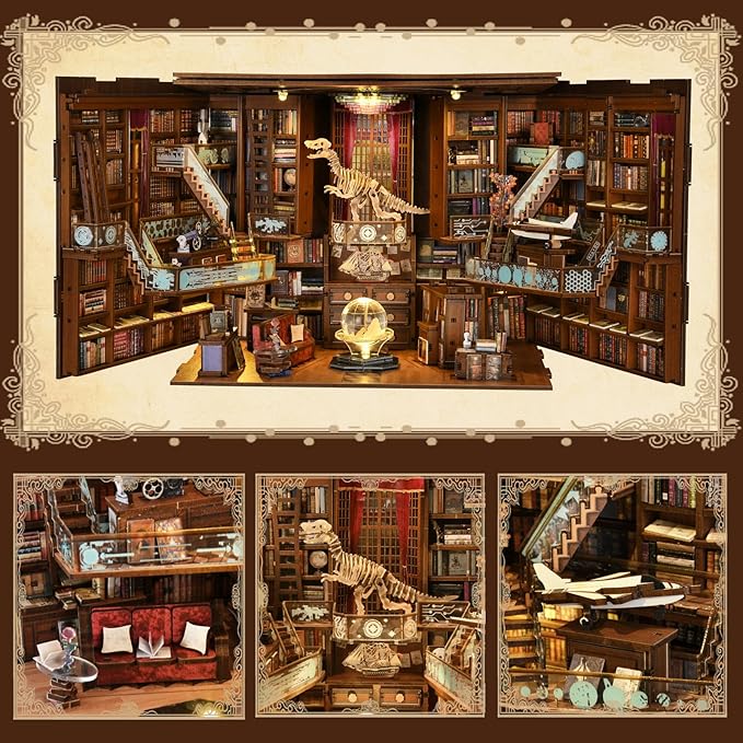 DIY Book Nook Library Kit, Miniature Dollhouse Booknook Kit, 3D Wooden Puzzle Bookend Bookshelf with LED Light for Teens and Adults (Beyond Library Max)