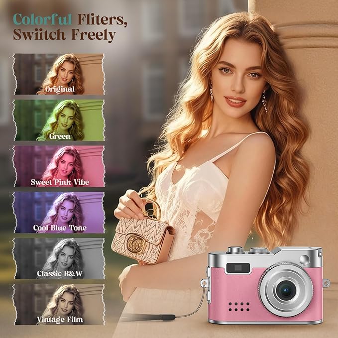 HOTU Mini Digital Camera, Keychain Camera 1080P HD with 2MP Lens, Flash, Video Recording, 32G Card Included, Portable and Compact Retro Vlog Camera for Travel, Kids, Pink