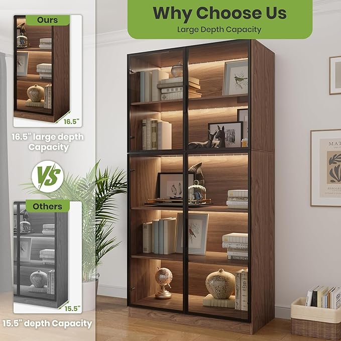 78.7" Display Cabinet with 4 Glass Doors, 5 -Tier Storage Cabinet with LED Lights, Tall Walnut Bookcase with Storage, Wooden Display Case for Collectible, Living Room, Office (Walnut)