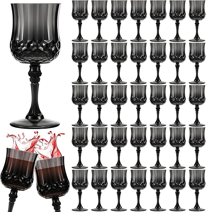 Pinkunn 50 Pcs 7 oz Plastic Vintage Wine Glasses Reusable Colored Goblets Patterned Drinking Water Glasses Cup Dishwasher Safe for Valentine's Day Wedding Reception Party Supplies (Black)