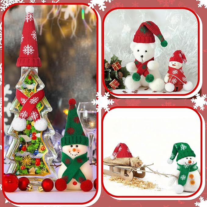 Geyoga 16 Pcs Mini Knit Doll Hat Valentines Day Small Santa Hat for Craft Winter Mini Snowman Hats and Scarf Tree Ornaments Snow Stripe Heart Wine Bottle DIY Decor Gifts