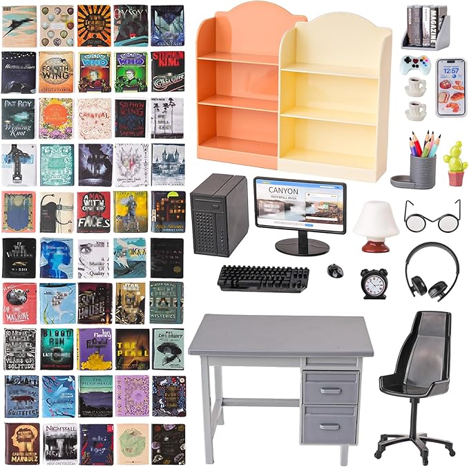 1:12 Scale Mini Office Desk Set Including Mini Computers Desks Computer Accessories Storage Racks Books Desk Lamps Glasses Headphones Mobile Game Controllers Etc Suitable For Displaying Ideal Gifts