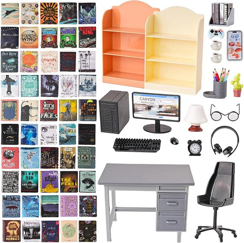 1:12 Scale Mini Office Desk Set Including Mini Computers Desks Computer Accessories Storage Racks Books Desk Lamps Glasses Headphones Mobile Game Controllers Etc Suitable For Displaying Ideal Gifts