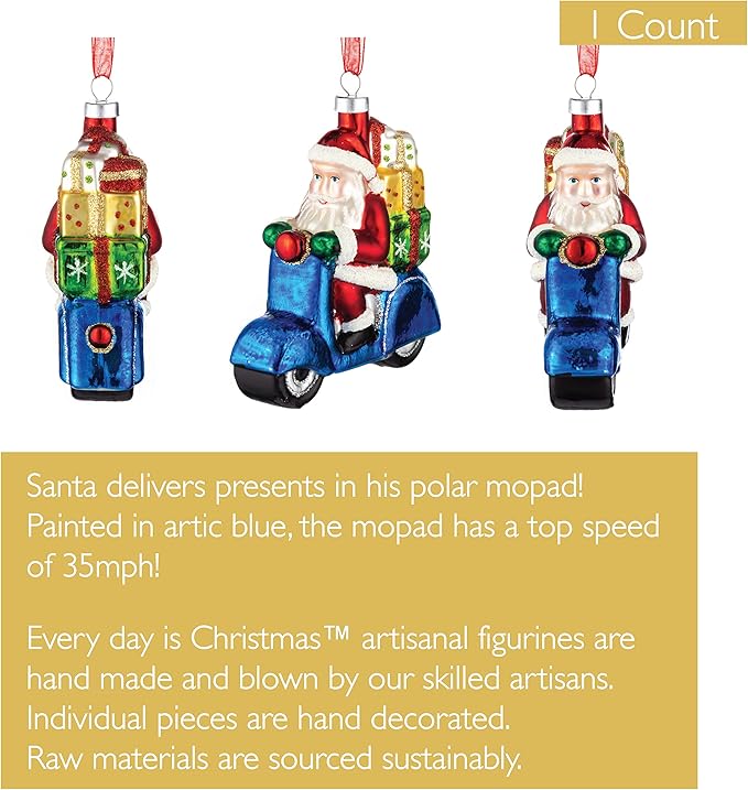 Every Day is Christmas Glass Blown Ornaments Cute Hand Made Figurines Tree Decoration, Motorcyle Santa