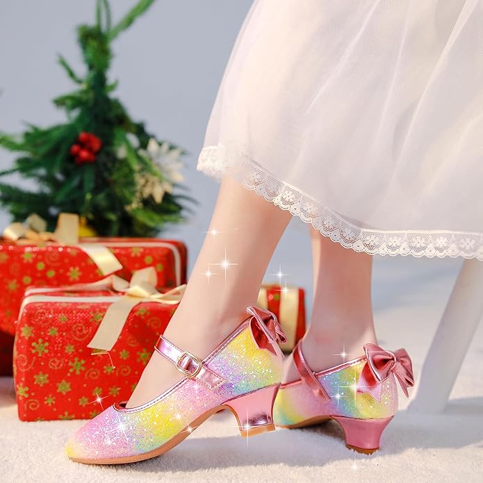 Dufannie Girls Dress Shoes Low Heel Princess Flats Mary Jane Flower Wedding Party Glitter Shoes for Kids Toddler