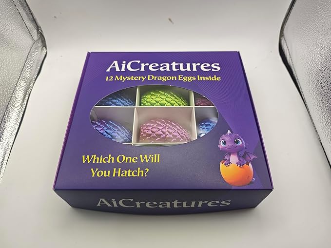 12 Pack 3D Printed Dragon Eggs & Crystal Dragons – Articulated Fidget Toy Gift Set with Display Tray, Assorted Colors for Kids, Collectors, Party Favors & Stocking Stuffers