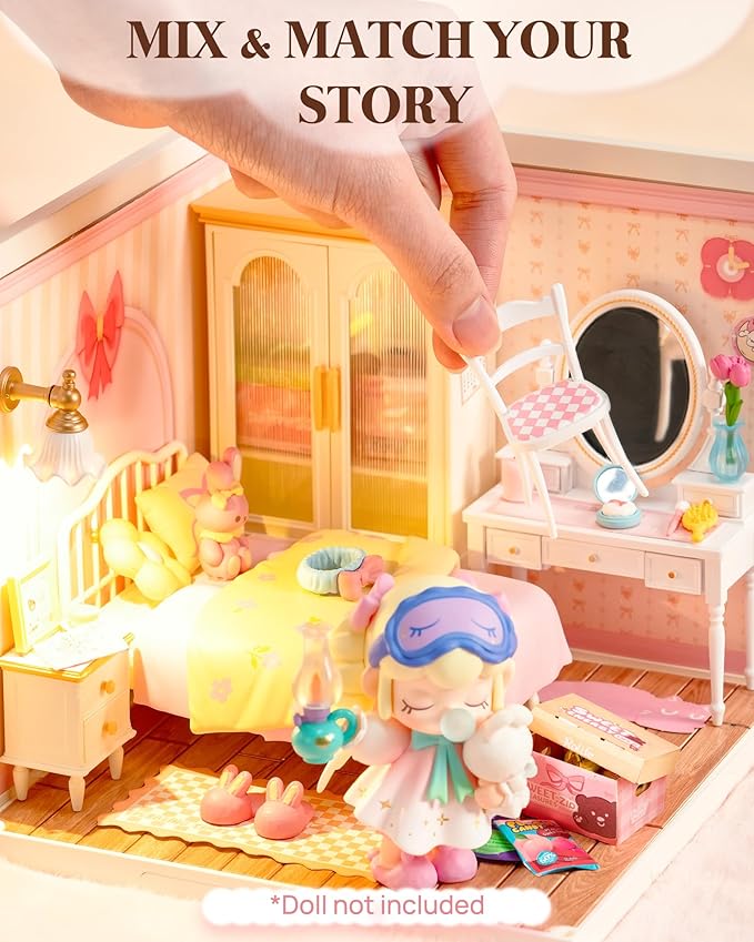 Rolife Super Creator Kits Pink Bedroom, Tiny House Building Blocks for Little Dolls, DIY Plastic Mini House Model Building Kits for Teens Aged 14+, DIY Crafts/Hobbies for Adults (Lovely Pink Bedroom)