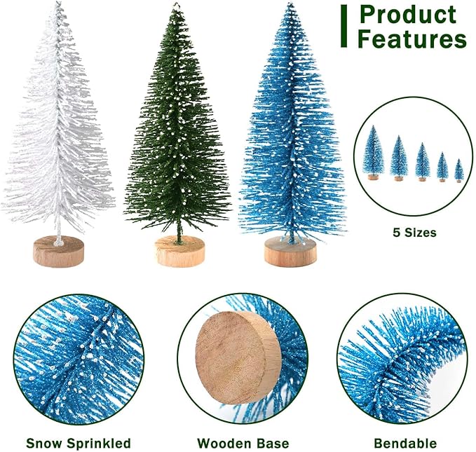 30Pcs Mini Christmas Trees Artificial Christmas Tree Bottle Brush Trees with Wooden Base for Christmas Decor Christmas Party Home Table Craft Decorations(Green+Blue+White)