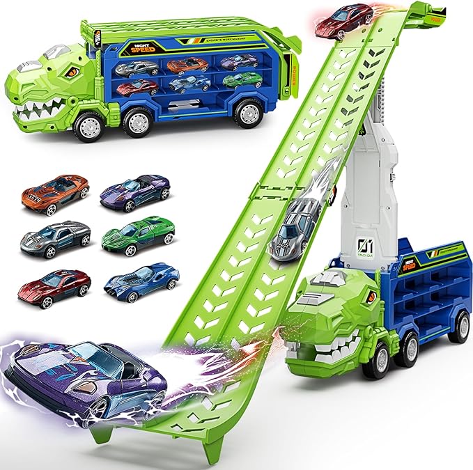 Dinosaur Truck Car Toys for 3, 4, 5, 6, 7, 8 Years Old Kids, Carrier Truck Race Track Toys, Foldable Transport Car Toy with Foldable Race Tracks, 6 Metal Cars, Birthday Gifts for Toddler Boys Girls