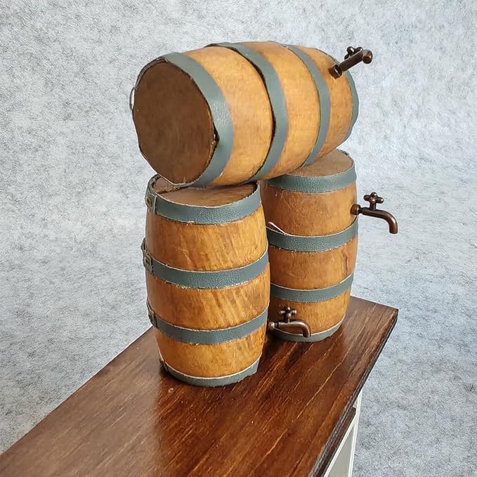 3 Pieces of Dollhouse 1/12 Scale Miniature Beer Barrels Wine Whiskey Casks Rustic Garden Farmhouse Decor