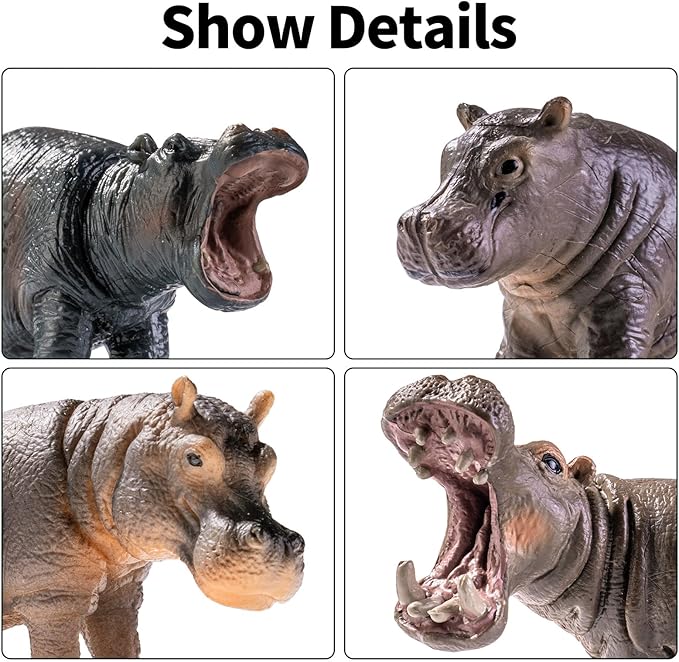 4PCS Hippo Safari Zoo Animals Figurines Toys, Plastic Animals Figures Toy for Kids Includes Solid Hippopotamus and Cubs, Birthday Gift Party Favors Cake Toppers for Boys Girls