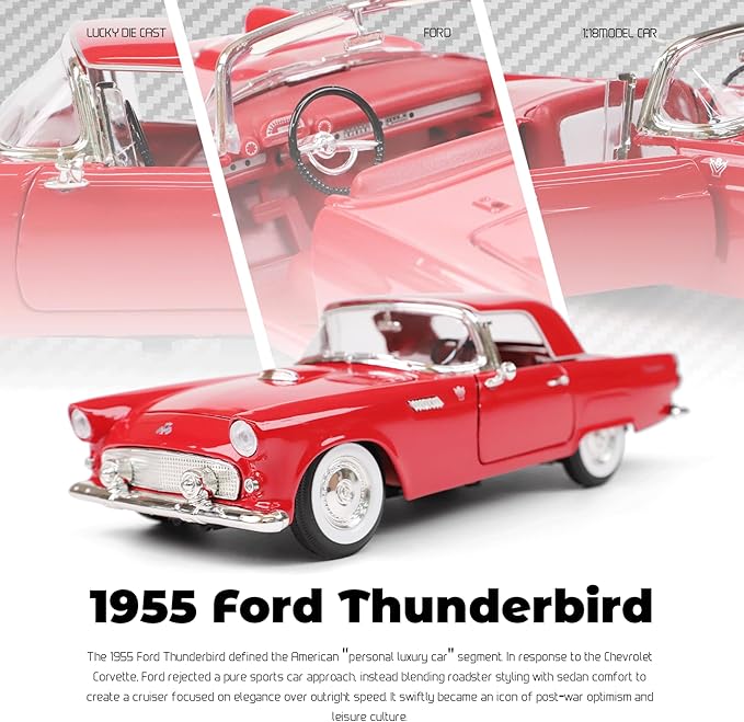 1955 Ford Thunderbird 1/18 Scale Die-Cast Metal Model Premium Classic Vintage Alloy Collection Cars with Display Case, for Kids Men and Teens Dad 14+ Year