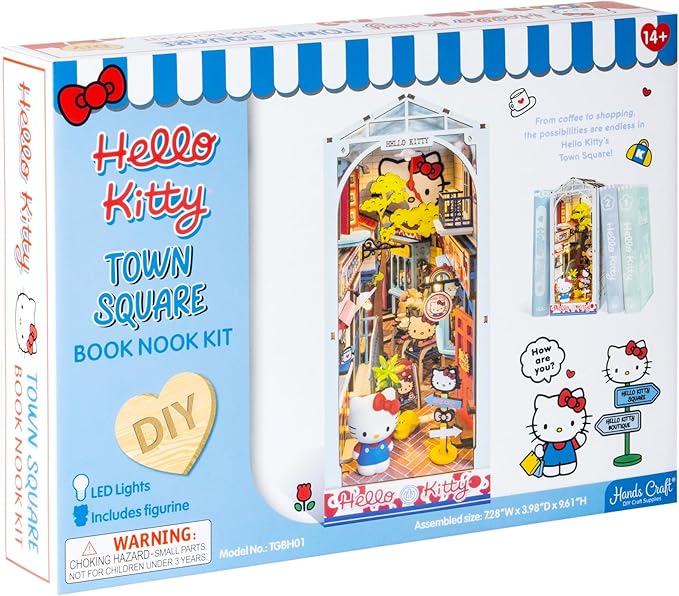 Hands Craft DIY Miniature Kit Book Nook - Hello Kitty Town Square | Whimsical Miniature Scene | Intricate Design, Adorable Charm | LED Lights | Bookshelf Decor | Gift for Hello Kitty Fans