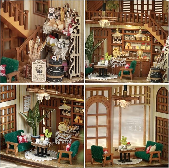 DIY Miniature House Kit, CUTEROOM Mini House Kit for Adult to Build, Wooden Dollhouse Making Kit with Furniture, Christmas Birthday Gifts- Bagel Time