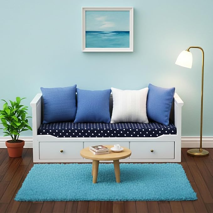 1/12 Scale Miniature Doll House Couch, Mini Sofa Day Bed, High Simulation Upholstered Wooden Fabric Loveseat with Pillows for 6 Inch Dolls, Modern Living Room Furniture, Realistic Model Decoration