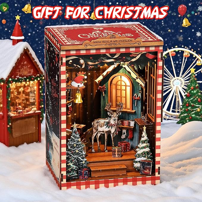 KERNOWO Book Nook Kit, DIY 3D Wooden Puzzles for Adults, Teens and Beginners, Miniature Tiny House Kit for Bookshelf Decor, Bookish Gifts for Family, Friends, Book Lovers (Snow Pavilion)