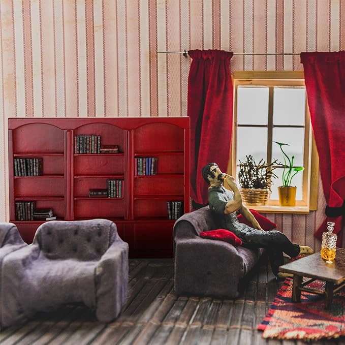 1:12 Scale Dollhouse Miniature Wooden Bookshelf with 48 Pcs Miniatures Books, Mini Bookcase Tiny Books for Dollhouse Mini Library Furniture Christmas Decoration Gift(Red)