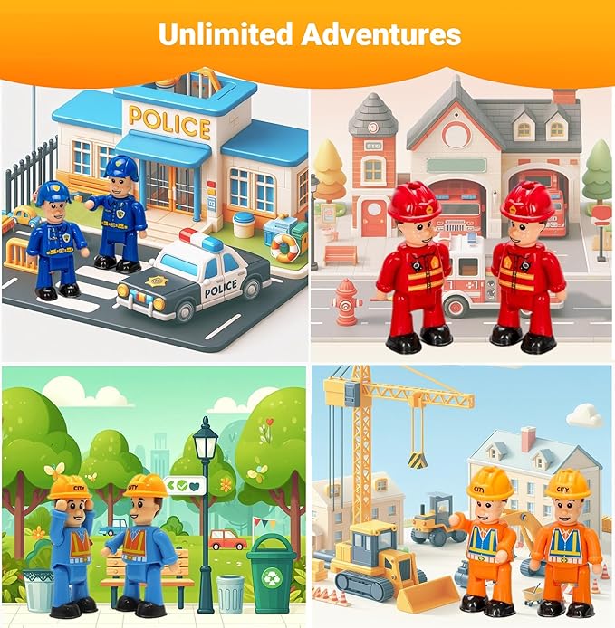 FUNERICA Toy Figures & Playsets - Firefighter, Police, Sanitation, Construction Worker - Play People Figures for Toddlers & Kids - Little People Toy Figurines - Mini People Community Helpers (4-Pack)