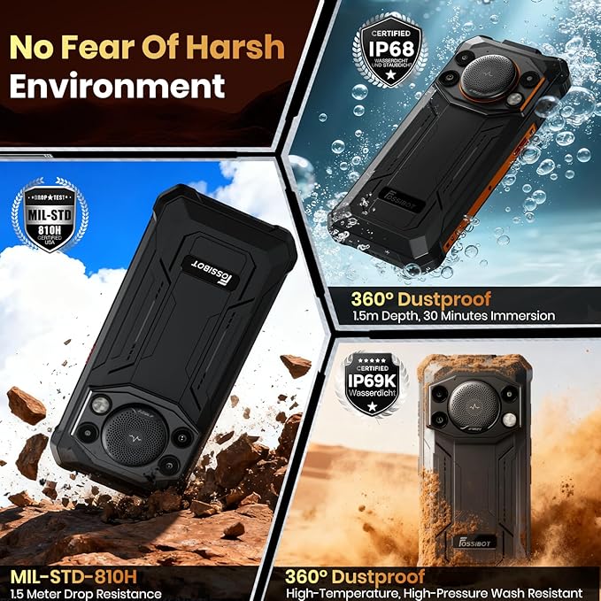 FOSSIBOT F110 Pro Rugged Smartphone Unlocked 5G Android 15, 128dB Loudest Speaker 20GB+128GB /2TB 10000mAH, 6.7'' HD Display 50MP Rear Camera, IP68/69K Waterproof, NFC/Dual SIM/Widevine L1