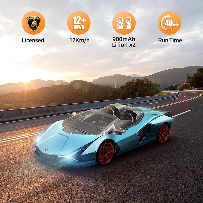 MIEBELY Lamborghini Remote Control Car, 1:12 Scale Lambo Toy Car 2 X 7.4V 900mAh Officially Licensed 12Km/h Fast Rc Cars with Led Light 2.4Ghz Model Car for Adult Boys Girls Birthday Ideas Gift - Blue