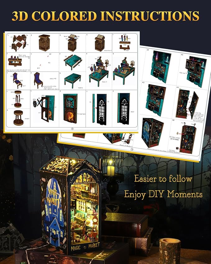 Magic Book Nook Kit, DIY Booknooks Kit for Adults Teens, Bookshelf Diorama Miniature House Kit Scenes Insert Decor with Sensor Light, 3D Wooden Puzzle Gifts for Boys Girls (Magic Market)