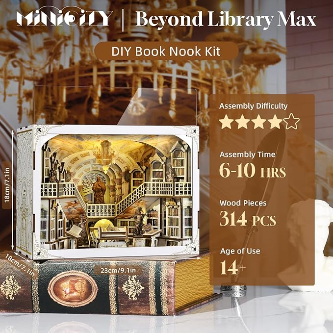 MiniCity Book Nook Kit, DIY DIY Miniature Dollhouse for Adults, Beyond Library 3D Wooden Puzzle Bookend Bookshelf Insert Decor with LED Light Gifts for Book Lovers (Library of Gods Max)