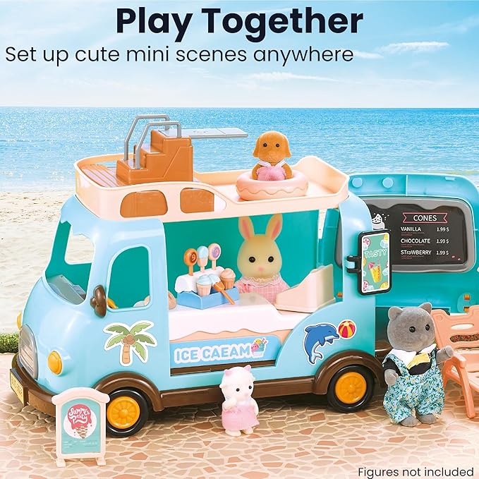 Family Ice Cream Truck Toy — Dessert Food Truck Playset with Cash Register, Chairs & Umbrella, Dollhouse Pretend Play Vehicle, Gift for Kids Ages 3+