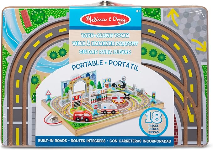 Melissa & Doug 18-Piece Wooden Take-Along Tabletop Town, 4 Rescue Vehicles, Play Pieces, Bridge