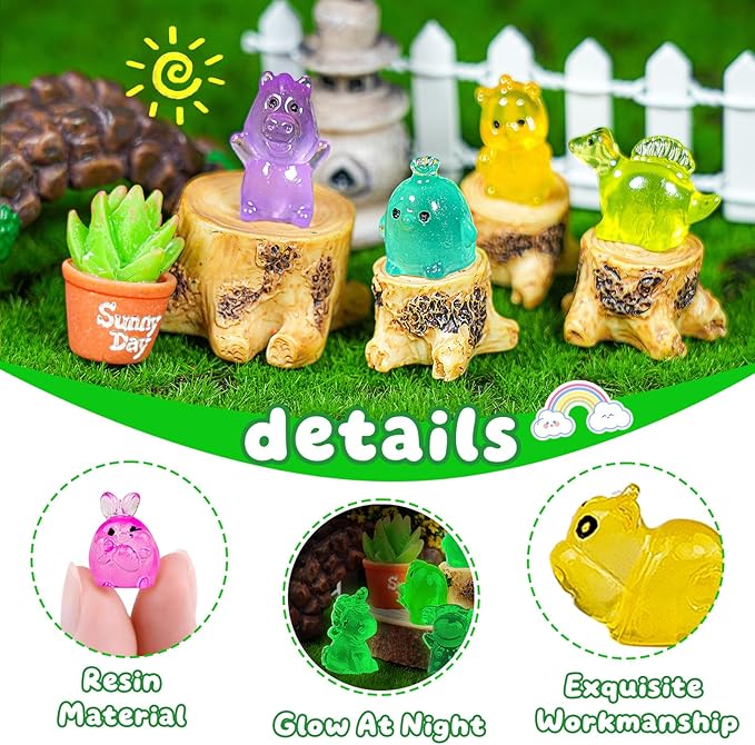 200Pcs Luminous Mini Resin Animals to Hide Tiny Creatures Glow in The Dark for Miniature Fairy Garden Decor Accessories Micro Landscape Aquarium Duck Dinosaur Rabbit Flamingo Owls Marine