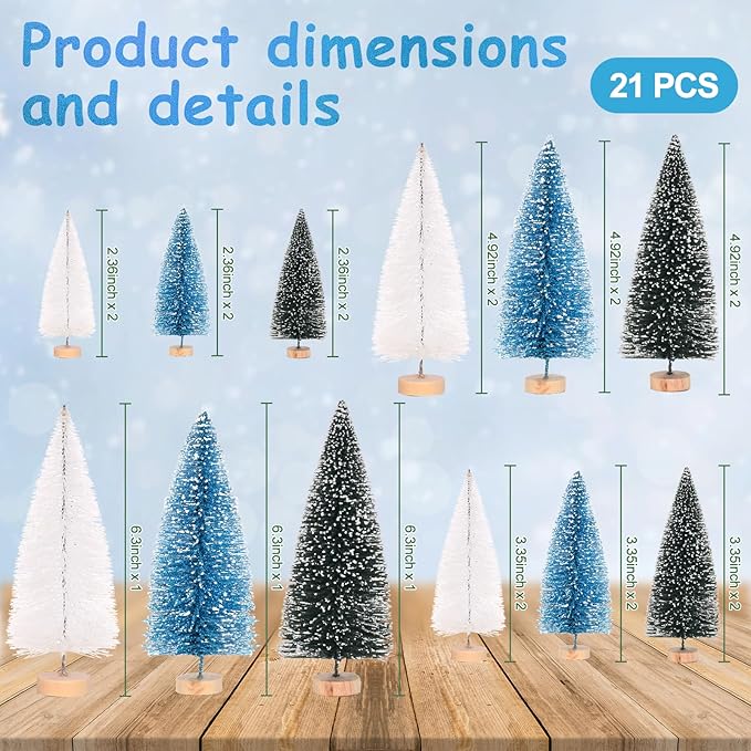 Waipfaru Christmas Decorations, Blue Bottle Brush Christmas Trees, 21 Pcs White Mini Christmas Trees, Miniature Pine Trees for Xmas Tabletop Crafts Indoor Table Home Decor (Blue & White)