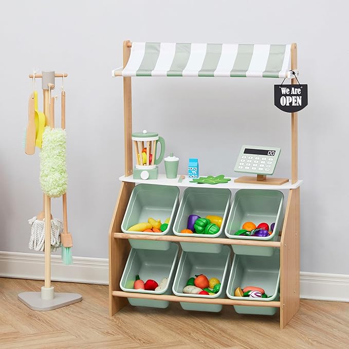 Teamson Kids Little Helper Wooden Farmer's Market Stand with Pretend Cash Register and 6 Plastic Storage Bins, Green, TD-13638A-AMZ
