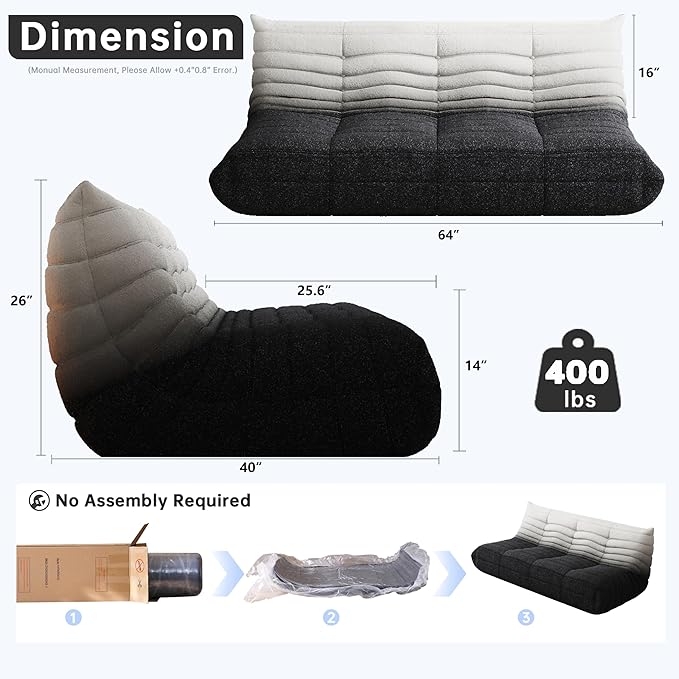 Bean Bag Chairs for Adults, BeanBag Reading Chair Memory Foam Couch 3-Seater, Floor Chair Soft Teddy Material, Comfy Reading Nook Chairs for Bedroom Living Room Office (Black White)