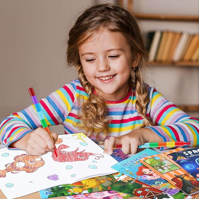 BenLouis Coloring Books for Kids With Stacking Crayons Set Mini Coloring Books Bulk for Ages 4-8-12 Small Activity Books for Birthday Party Gifts Goodie Bags Stuffers Travel（24+24Pcs Colorful）