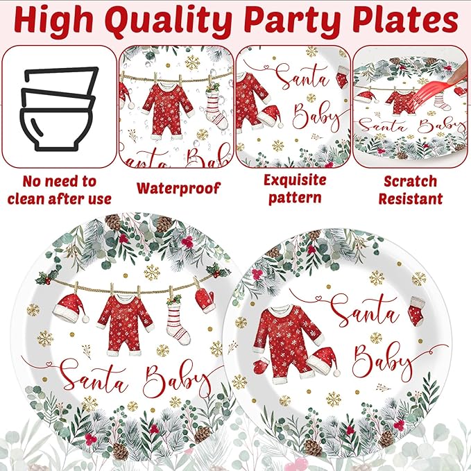 96 Pcs Christmas Baby Shower Party Plates Napkins Santa Clothes Tableware A Santa Baby Is On The Way Plates Napkins Christmas Shower Supplies Xmas Party Dinnerware Set Decorations for 24 Guests