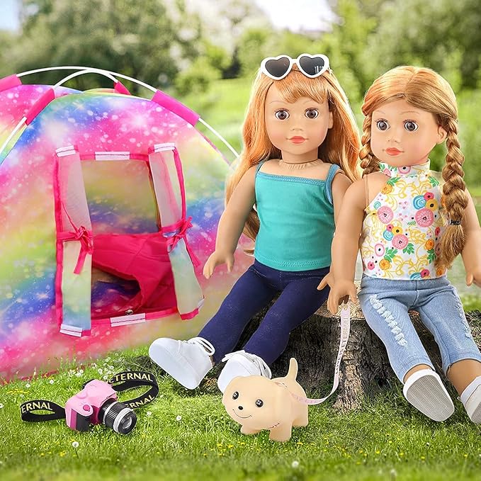 ZITA ELEMENT 7 Items Fashion Camping Tent Set for 18 Inch Girl Doll Accessories - Including 18 Inch Doll Camping Tent, Sleeping Bag, Clothes Set, Shoes, Camera, Eye Glasses and Toy Dog