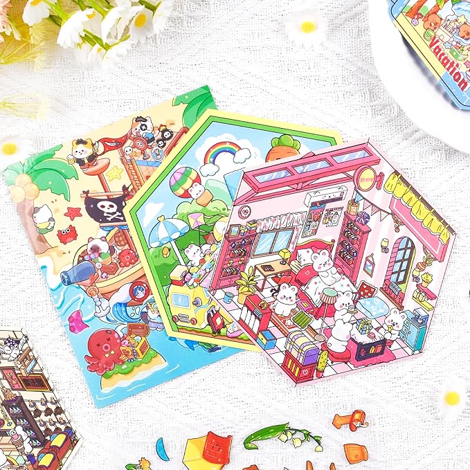 24 Sets 3D Scene Sticker Therapy Fun Cartoon Make Your Own Room Shop Scenes DIY House Stickers for Kids Cartoon Animal Relief Stress Own