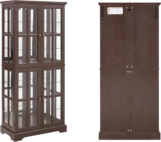 68" H Glass Curio Display Cabinet with Light, 6-Tier Wooden Storage Showcase w/ 4 Glass Doors & Adjustable Shelves, Vintage Accent Cabinet w/Mirrored Back Pane for Home & Office (Cherry)
