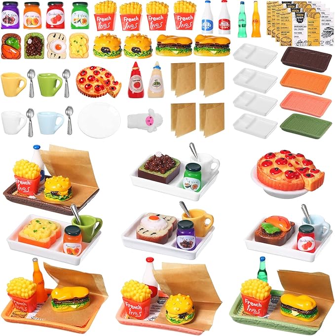 Civaner 50 Pieces Dollhouse Miniature Fast Food Accessories Set Christmas Mini Food Mixed Resin Drink Mini Hamburger Fries Juice Milk Bread Jam Cup Doll Kitchen Pretend for 1:12 Dollhouse