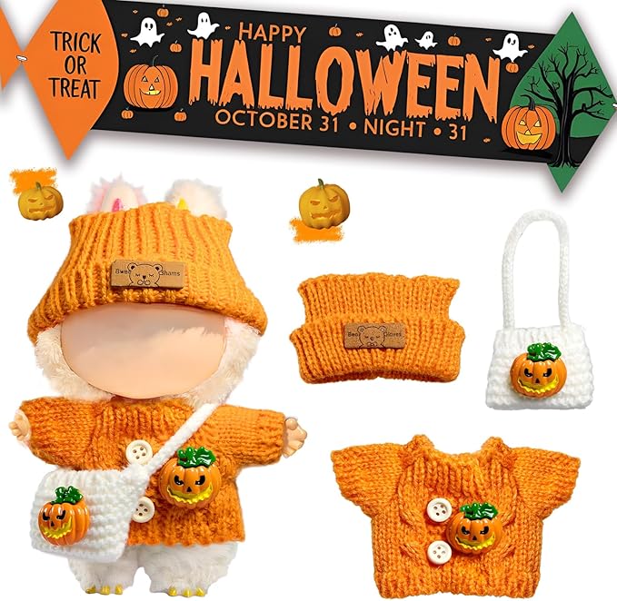 Clothes for LABUBU Doll (NO Doll), 3-Piece Handcrafted Crochet Accessories for LABUBU 17cm Dolls, Premium Fashion Outfit for LABUBU Dress Up - Pumpkin Sweater + Hat + Bag
