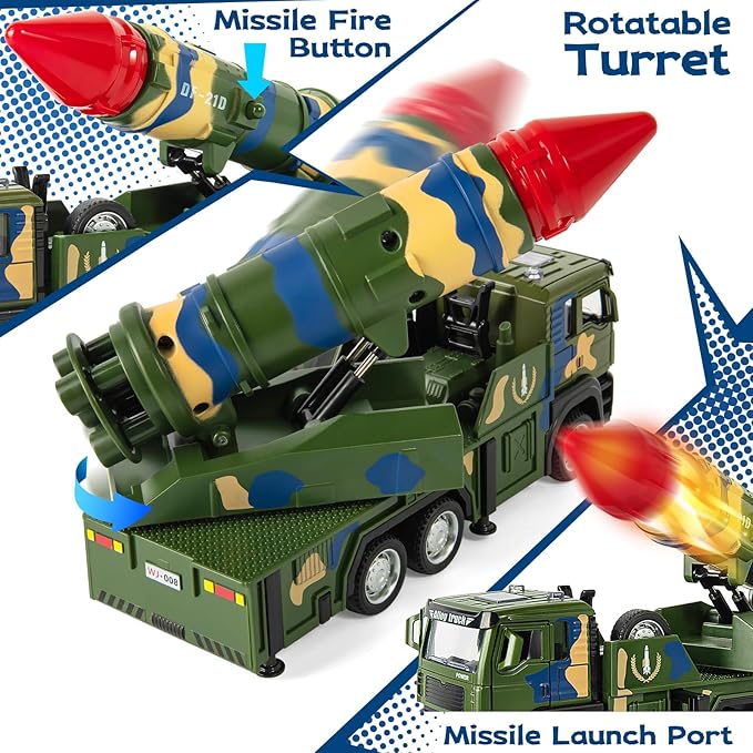 Military Missile Launch Truck Toy, with Lights Sounds and Pull Back Army Car, Alloy Die-cast Simulated Combat Vehicle Model Toy for Kids Age 3-6